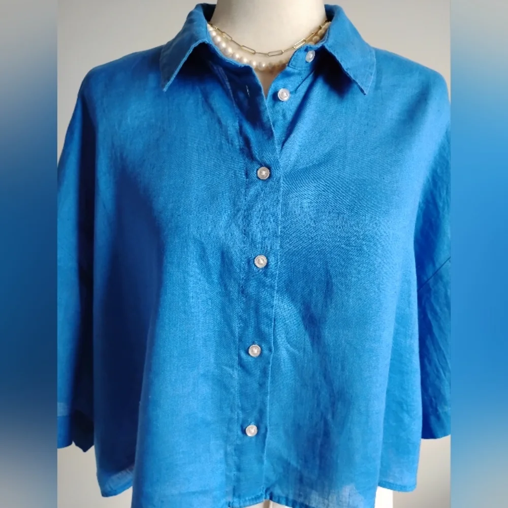 H&M Linen Oversized Swing Style Button Down Shirt Royal Blue Minimalist Size Med - Picture 4 of 14